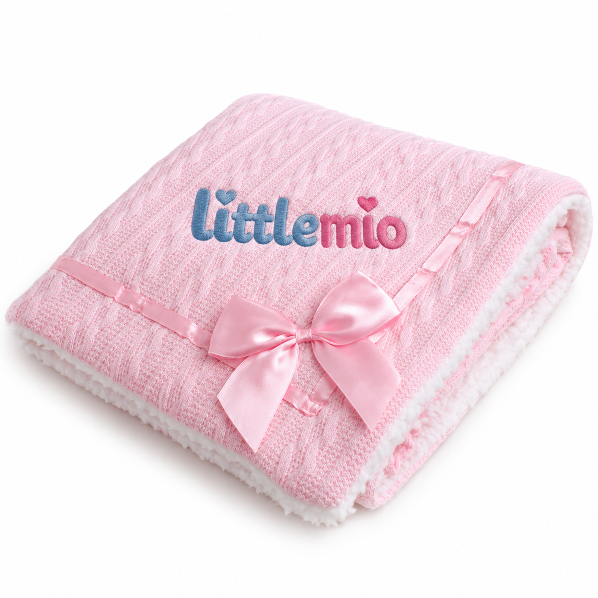 Littlemio Pink Knitted Baby Blanket with Sherpa Lining & Satin Bow