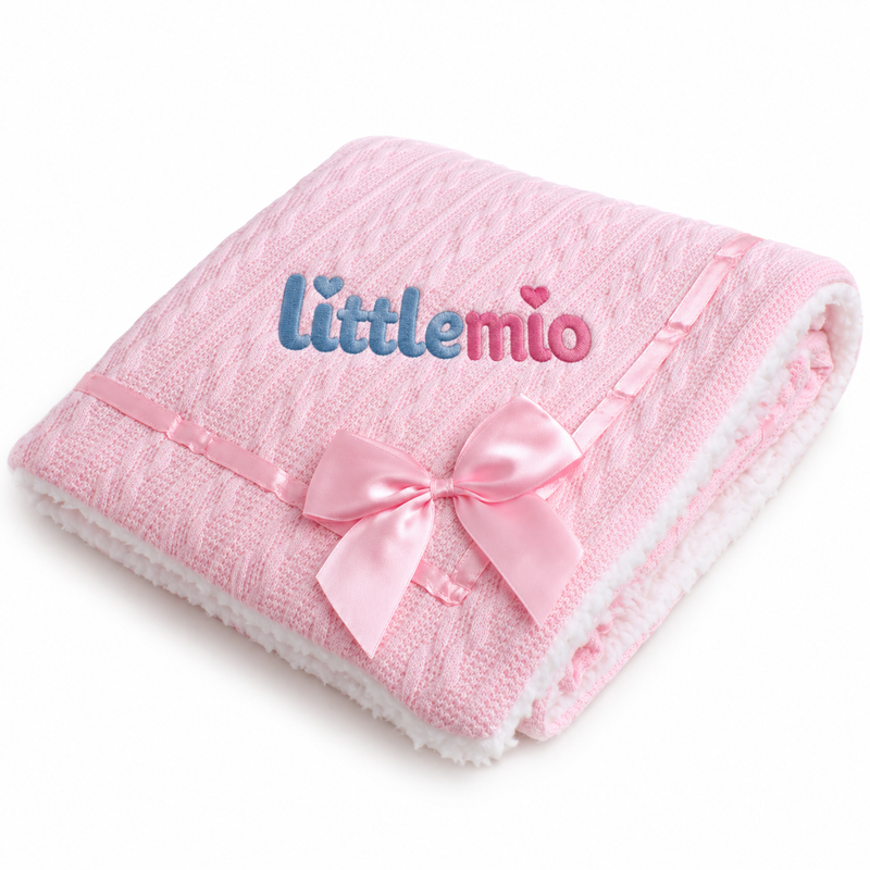 Littlemio Pink Knitted Baby Blanket with Sherpa Lining & Satin Bow