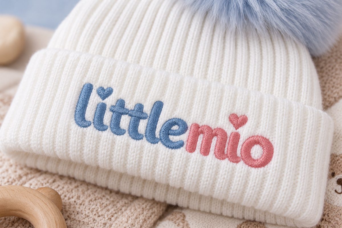Littlemio Baby Double Pom Pom Knitted Hat – White & Blue