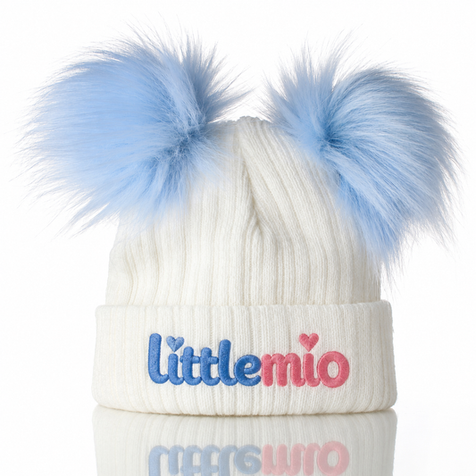 Littlemio Baby Double Pom Pom Knitted Hat – White & Blue