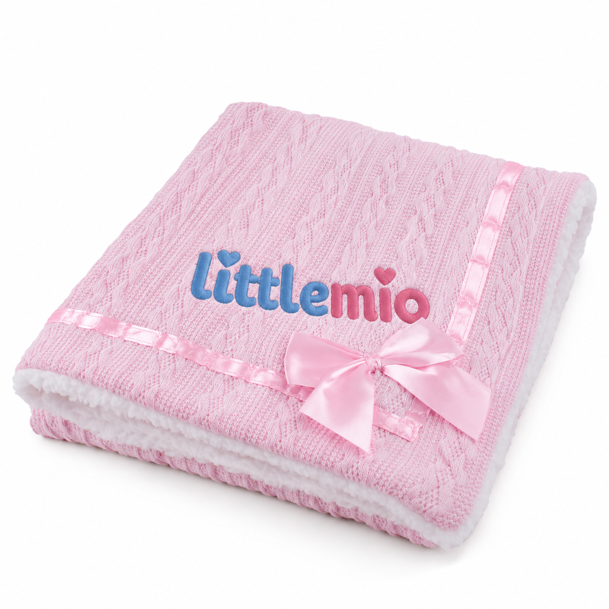 Littlemio Pink Knitted Baby Blanket with Sherpa Lining & Satin Bow