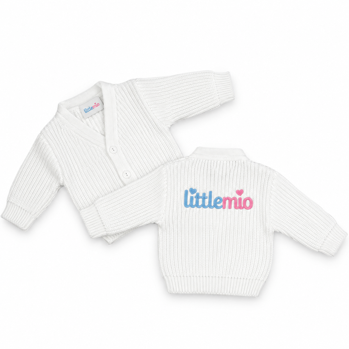 Littlemio White Knitted Baby Cardigan – Embroidered Logo