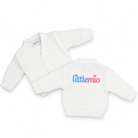 Littlemio White Knitted Baby Cardigan – Embroidered Logo