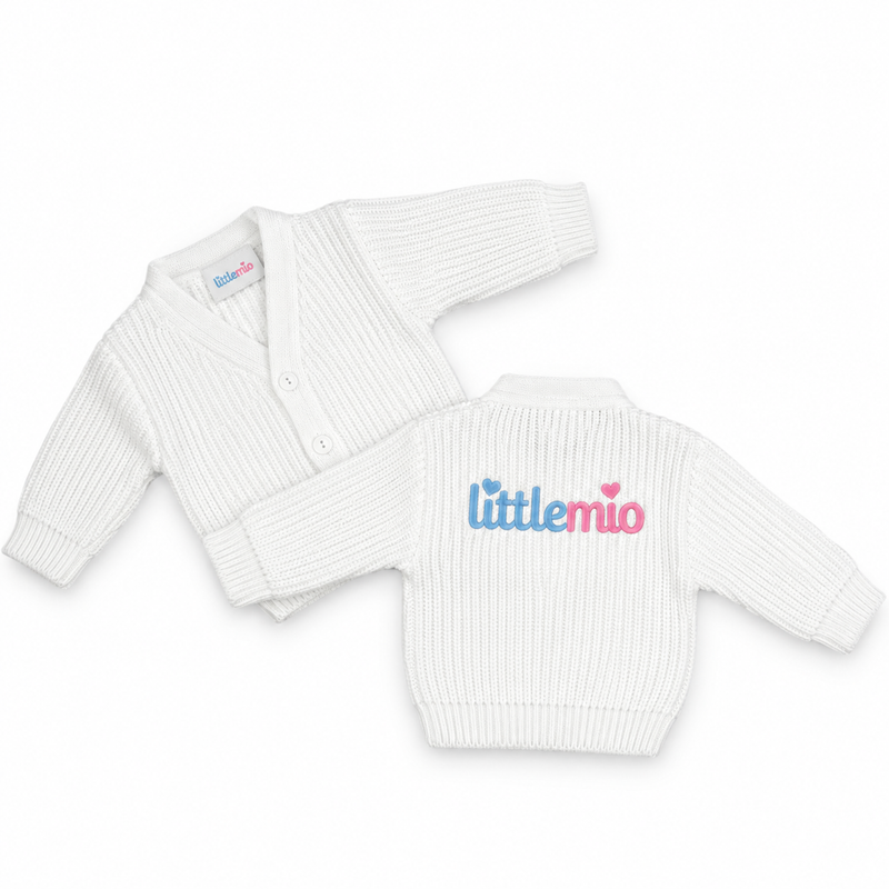 Littlemio White Knitted Baby Cardigan – Embroidered Logo